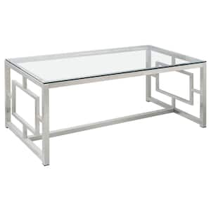 48 in. Nickel/Clear Large Rectangle Glass Coffee Table with Geometric Motif