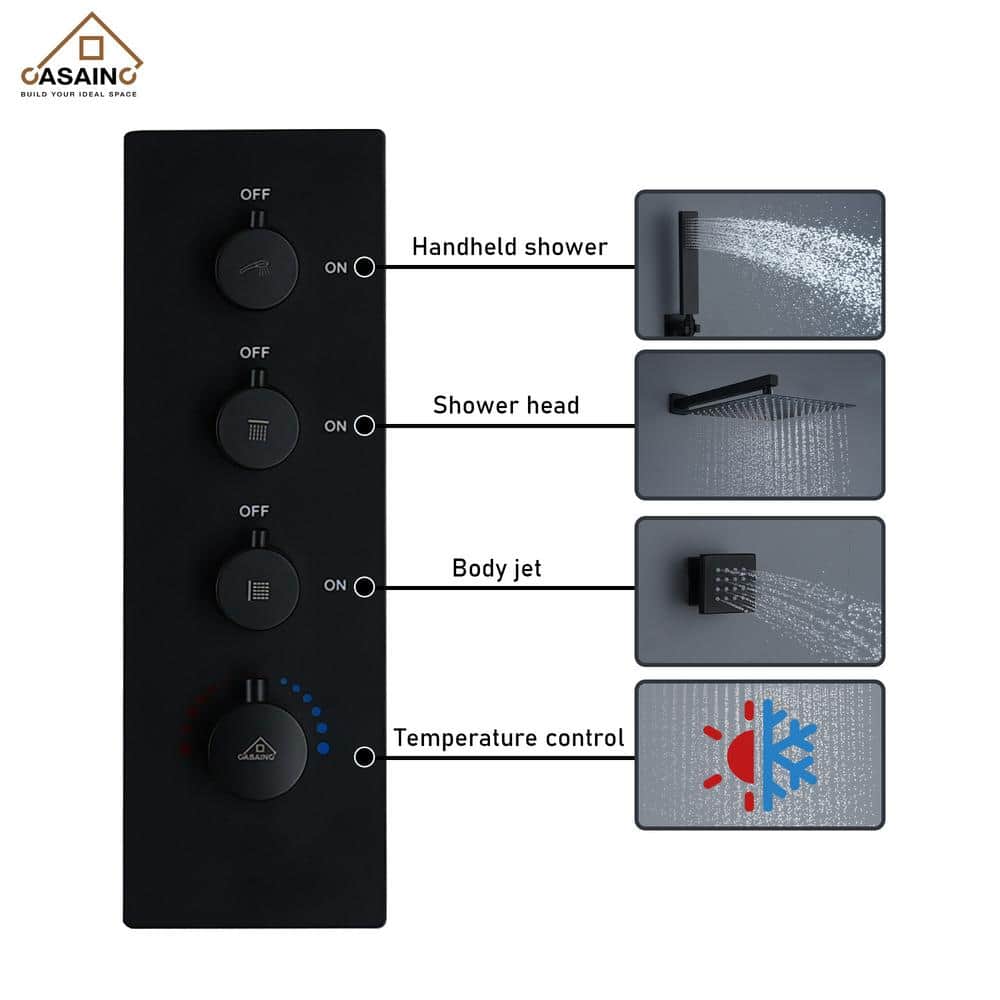 Matte Black Wall Mounted Rainfall Shower System with Solid Brass Handheld