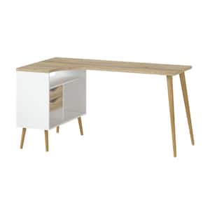 57 in. L-Shaped White/Oak 2 Drawer Computer Desk with Built-In Storage