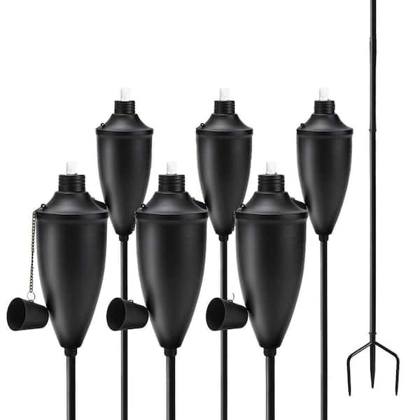 22 oz. Black Metal Garden Torch Set Outdoor 3-Prong Stake Patio Lawn Yard Backyard Decorative Lighting 6-Pack