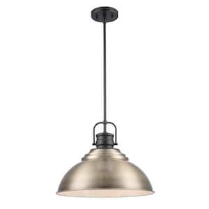 Shelston 16 in. 1-Light Antique Gold and Black Farmhouse Pendant Light Fixture with Metal Shade