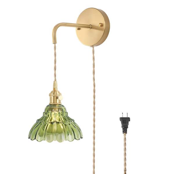 Unbranded Retro 4.72 in. 1-Light Gold Plug-in Vintage Smart Home Wall Sconce with Lily of the Valley Green Glass Shade