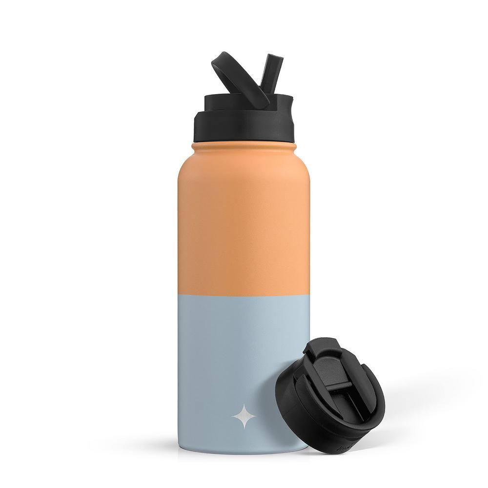 JoyJolt 32 oz. Orange/Blue Vacuum Insulated Stainless Steel Water Bottle with Flip Lid and Sport Straw Lid
