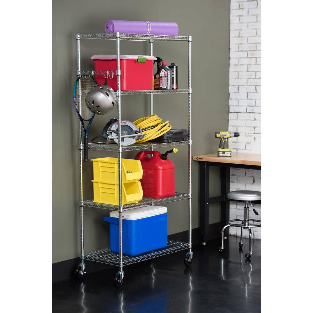 Adjustable Black 5-Tier Chrome Wire Shelving Unit with Hooks