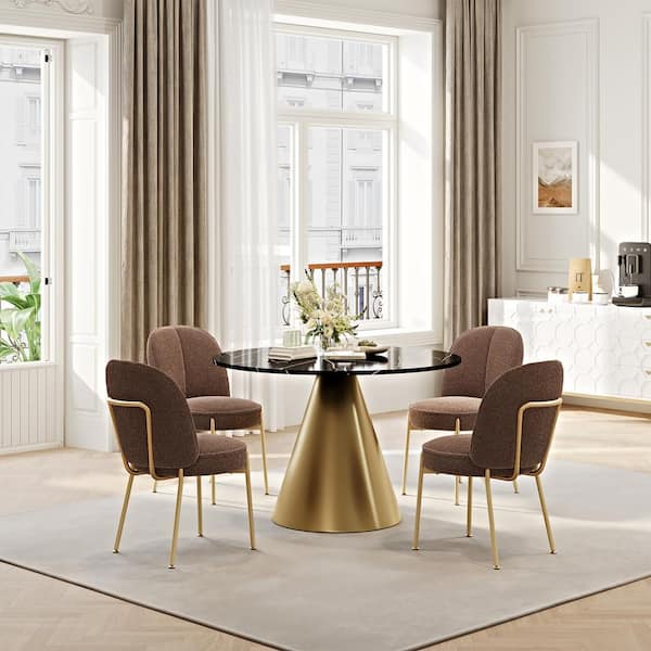 Clihome 5-Piece Dining Set Round Black Marble Top Table with Brown Teddy Plush Chairs