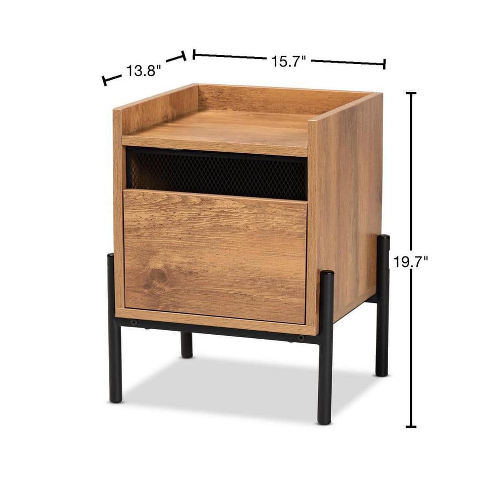 Tasman Natural Brown Wood and Black Metal End Table with Storage