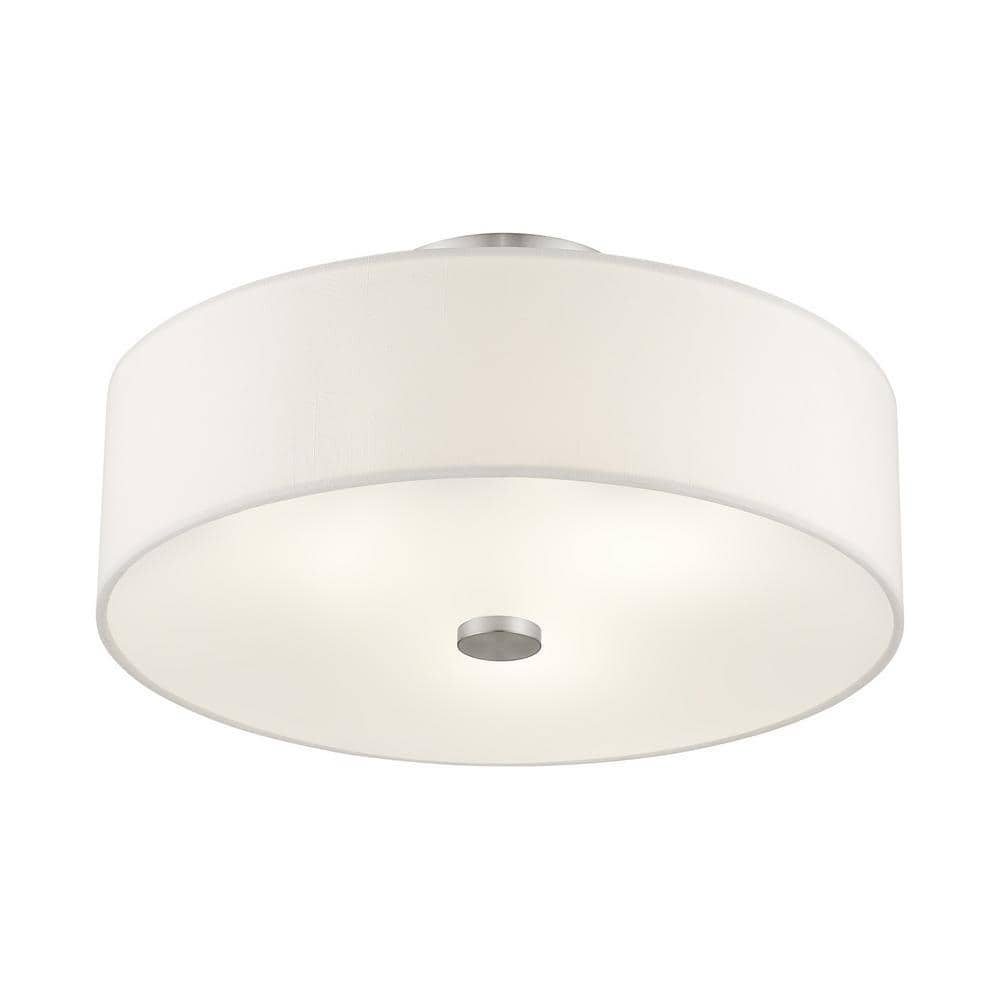 Brushed Nickel 3-Light Semi-Flush Mount with Off-White Shade