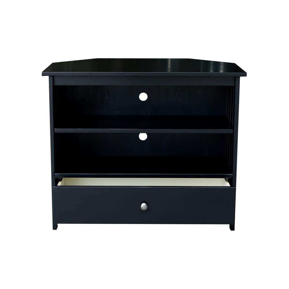 Black Solid Wood Corner TV Stand with Drawer and Shelves