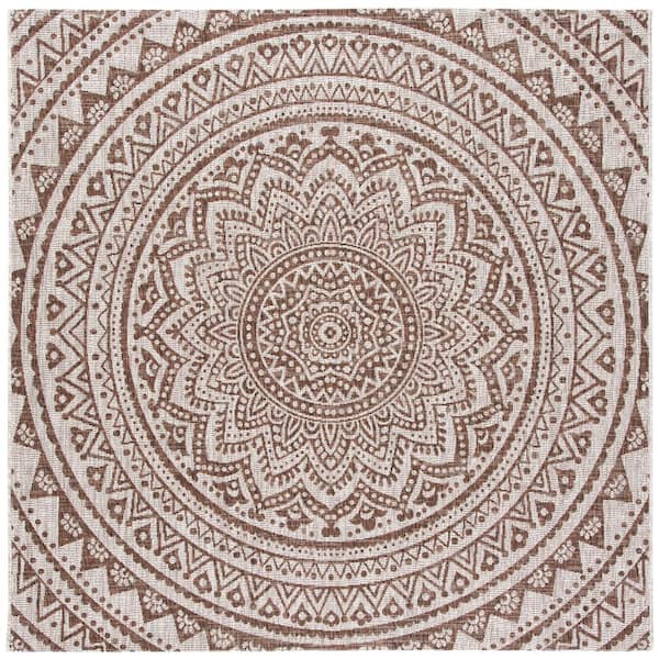 Courtyard Light Beige/Light Brown 9 ft. x 9 ft. Square Medallion Indoor/Outdoor Area Rug