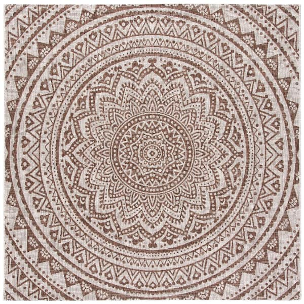 SAFAVIEH Courtyard Light Beige/Light Brown 9 ft. x 9 ft. Square Medallion Indoor/Outdoor Area Rug