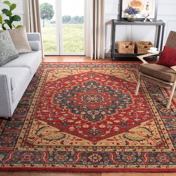 Mahal Navy/Red 11 ft. x 16 ft. Border Floral Area Rug