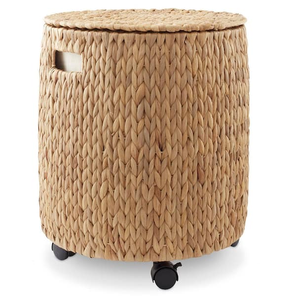 Brown Natural 16.5 in. x 19 in. Wicker Hyacinth Decorative Basket Rolling Storage Basket with Lid and Liner