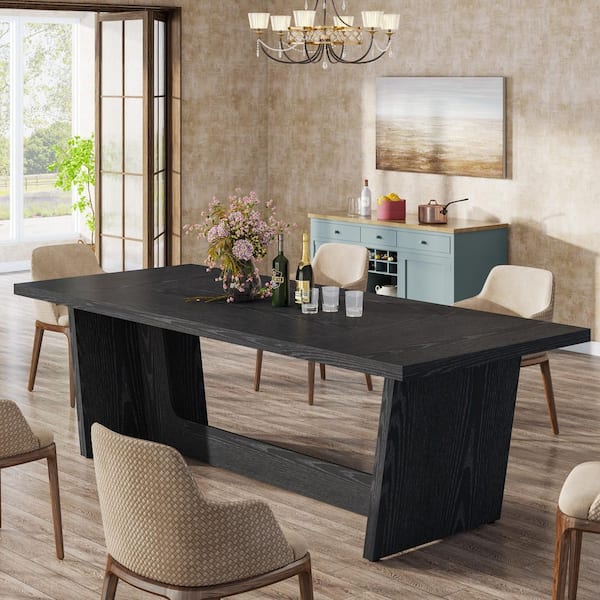 BYBLIGHT Moronia Black Wood 70.9 in. Pedestal Dining Table Seats 8, Rectangular Farmhouse Kitchen Table for Big Family
