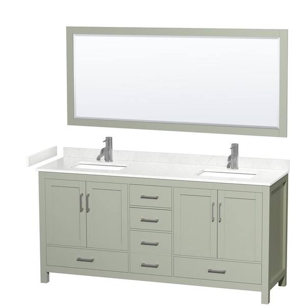 Wyndham Collection Sheffield 72 in. W x 22 in. D x 35 in. H Double Bath Vanity in Light Green with Carrara Cultured Marble Top & 70" Mirror