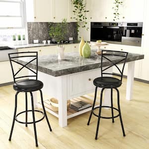 Bailan 29 in. Black High Back Metal Frame Swivel Bar Stool With Faux Leather Cushioned Seat(Set of 2)