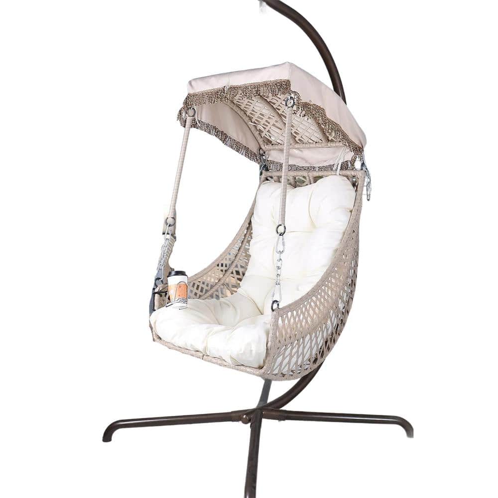 38 in. ft. Single White Metal Patio Swing without Umbrella with White Cushi