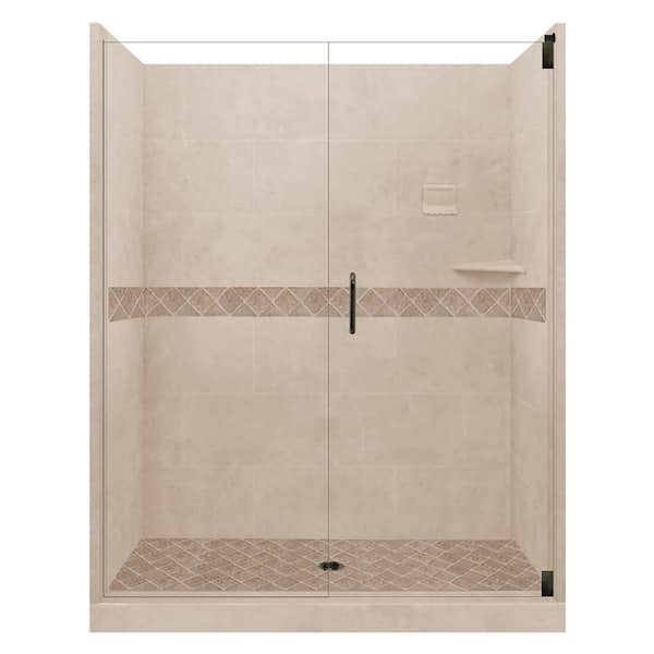 American Bath Factory Espresso Diamond Hinged 32 in. x 60 in. x 80 in. Center Drain Alcove Shower Kit in Brown Sugar and Old Bronze Hardware