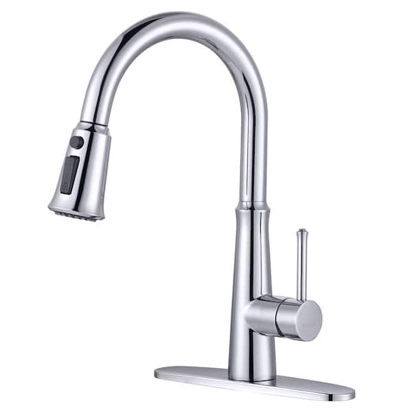WOWOW Single Handle Deck Mount Gooseneck Pull Down Sprayer Kitchen Faucet with Deckplate Included in Polished Chrome