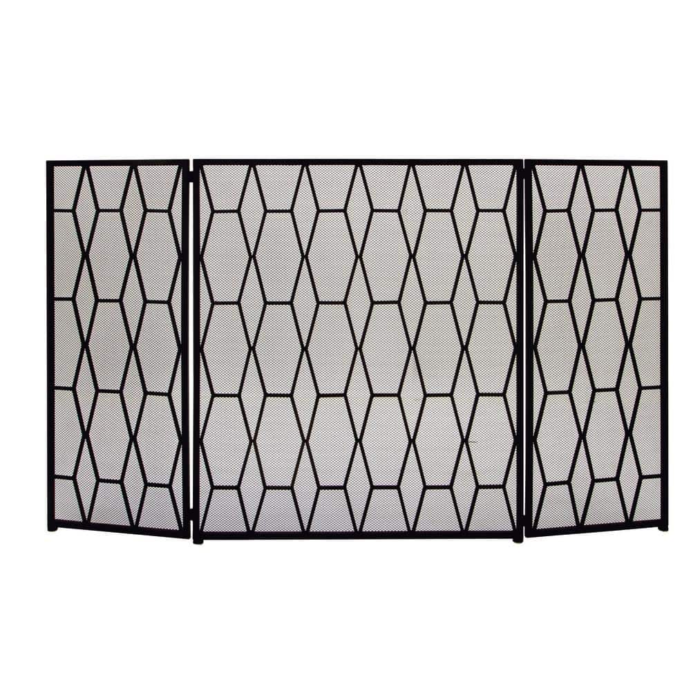 Black Geometric Iron Mesh Three-Panel Foldable Fireplace Screen