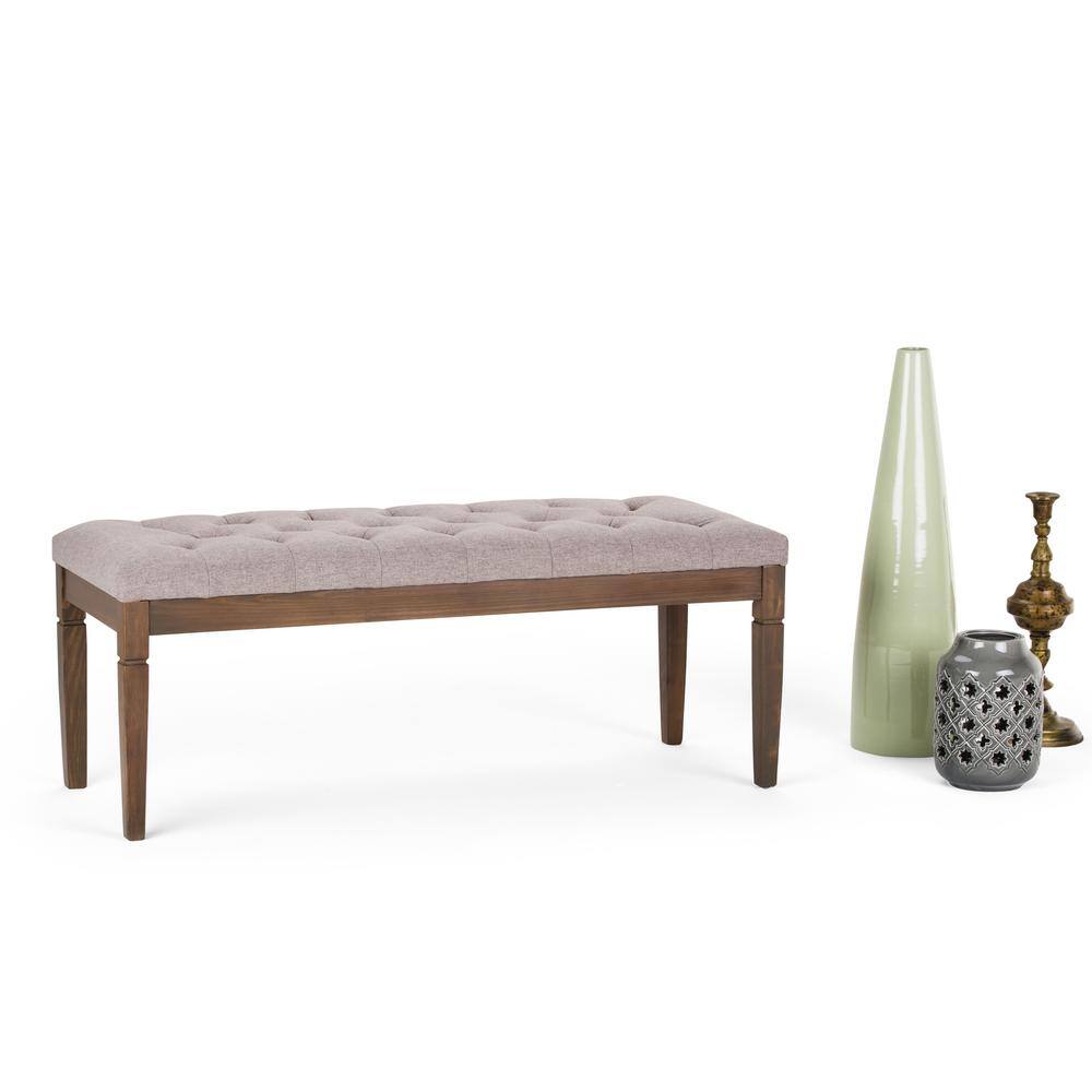 Cloud Grey Linen Tufted Ottoman Bench with Wood Legs