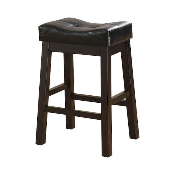 Benjara 20 in. Brown Low Back Wood Frame Counter Height Stool with Faux Leather Seat (Set of 2)