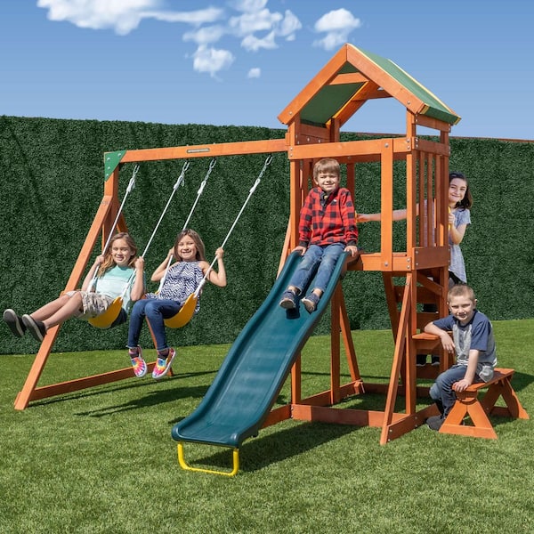 SPORTSPOWER Scottsdale Wood Swing Set with Slide, Sandbox and