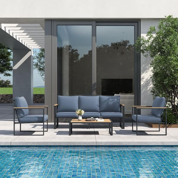 OLUMAT 4-Piece Metal Patio Conversation Set with Blue Cushion and Coffee Table for Garden, Courtyard, Poolside