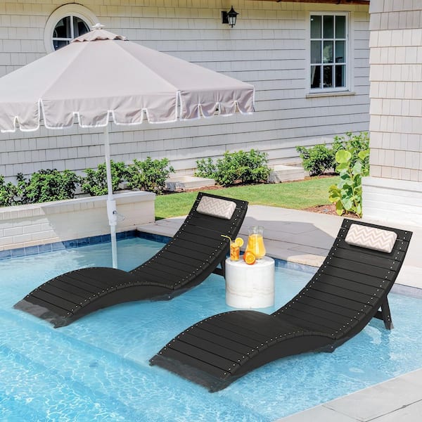 Black Collapsible 2-Piece HDPS Plastic Outdoor Chaise Lounge with Cushions Headrest for Pool Loungers Up to 11 in. Deep