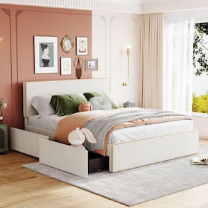 White Wood Frame Queen Size Fleece Fabric Upholstered Platform Bed with 4-Drawer, Golden Edge on Headboard & Footboard