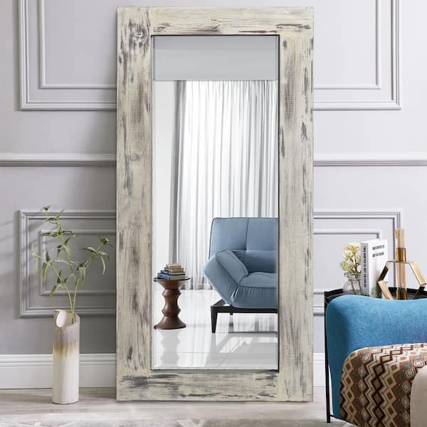 31 in. W x 71 in. H Farmhouse Large Distressed Leaning Rectangle Full Length Mirror in Weathered White Framed