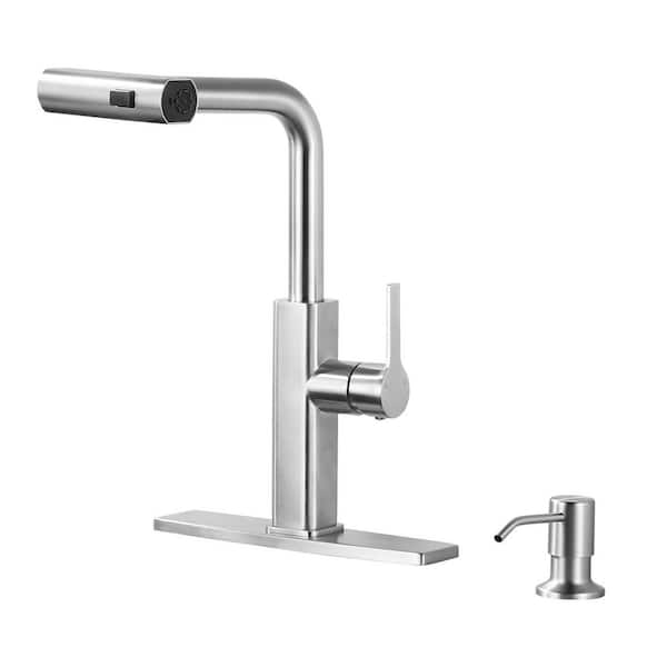 IVIGA 14.8 in. H Single Handle Pull Down Sprayer Kitchen Faucet with 360° Spout Swivel Soap Dispenser in Brushed Nickel