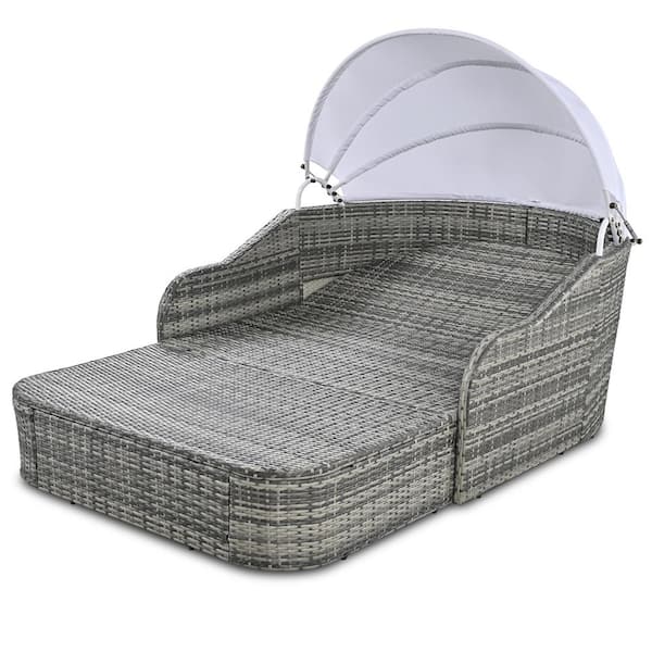 Unbranded Gray Wicker Outdoor Chaise Lounge with Blue Cushion and Adjustable Canopy