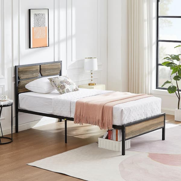 Bed Frame Gray Metal Frame Twin Platform Bed with Wooden Headboard, Strong Metal Slat Support and Under-Bed Storage