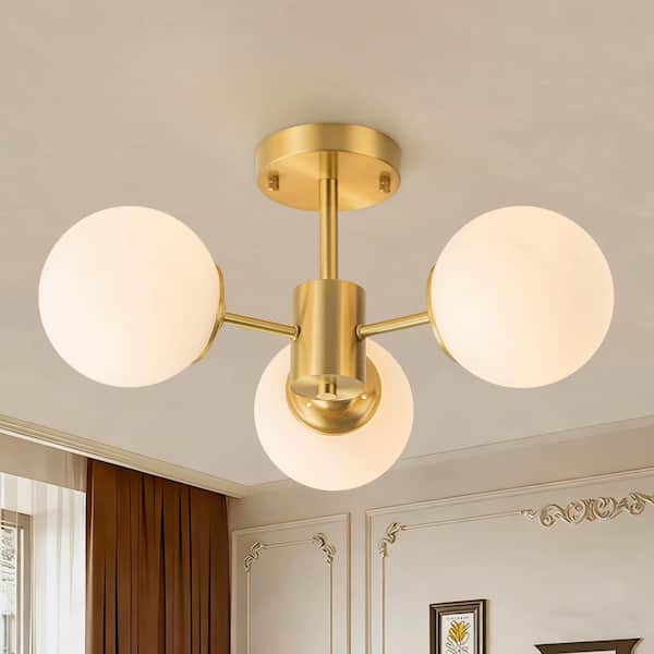 19 in. 3-Light Mid-century Sputnik Style Brass Semi-Flush Mount Ceiling Light with Opal Glass Shade