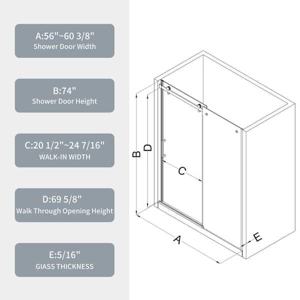 ANGELES HOME 60 in. W x74 in. H Sliding Frameless Shower Door in Chrome Finish with 5/16 in. Tempered Clear Glass