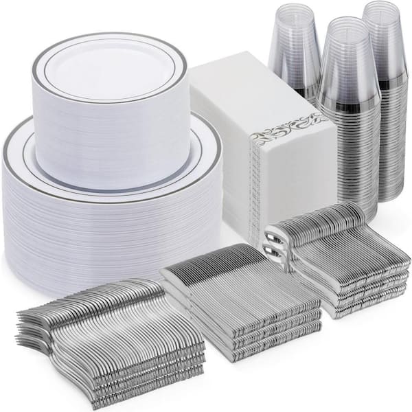 700-Piece, Silver Rim Elegant Plastic Disposable Dinnerware Set for Party, Party Tableware for 100 Guests