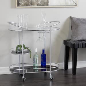 Silver Rolling 1 Glass and 2 Marble Shelves Bar Cart with Lockable Wheels and Mirrored Top