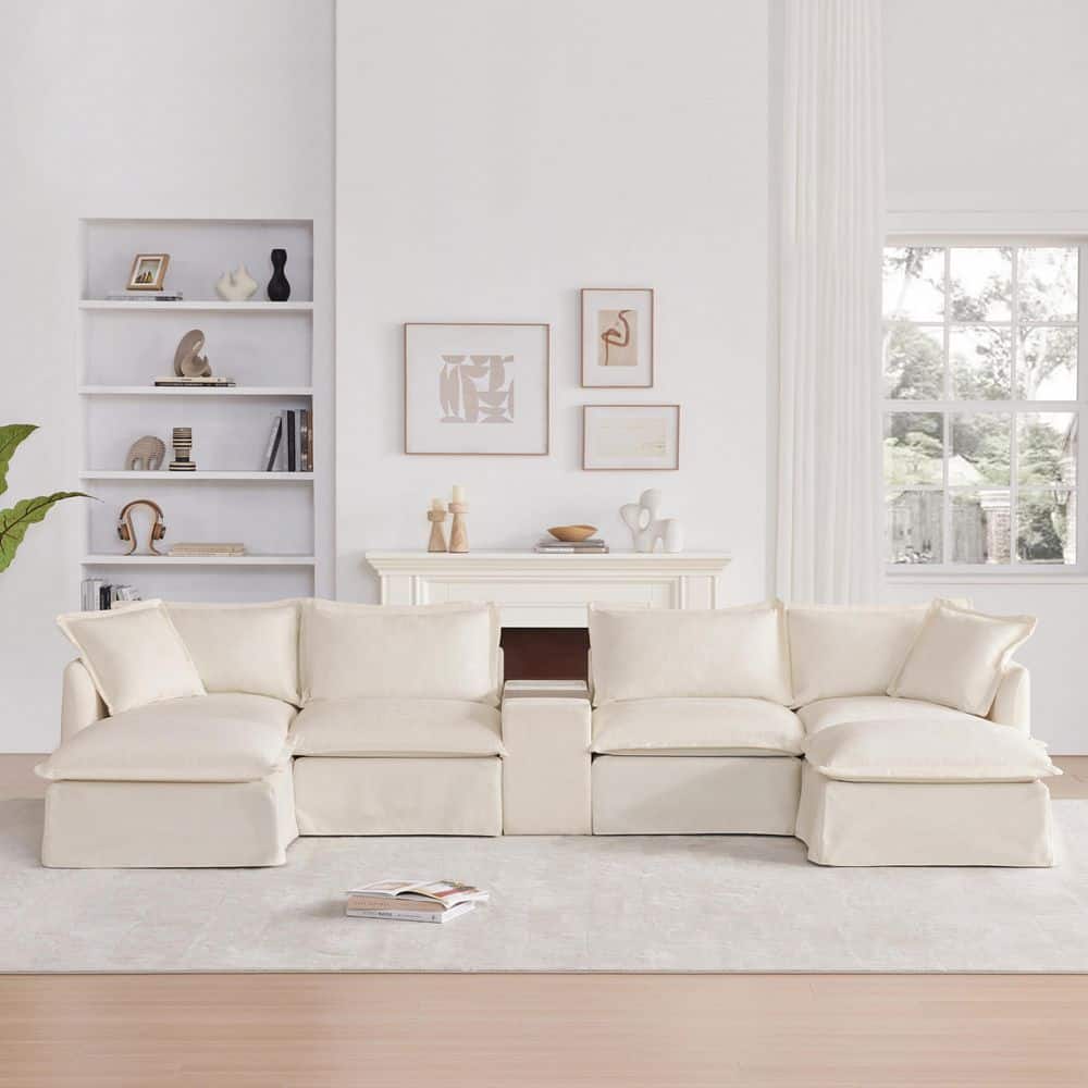 Oversized 131 in. Modular U Shaped Chenille 6 Seat Sectional Sofa in. Beige