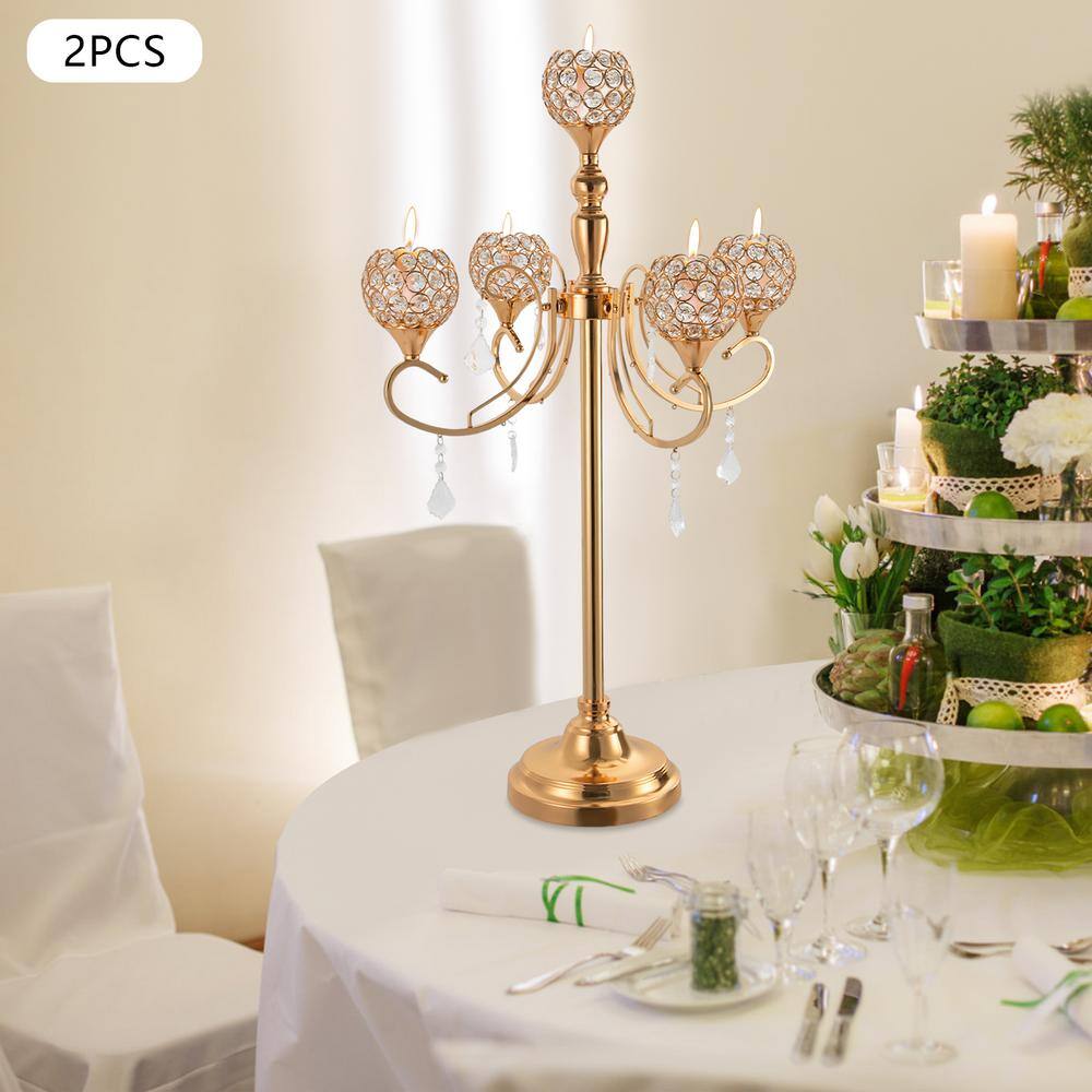 Gold Crystal 5-Arm Tabletop Candelabra Set