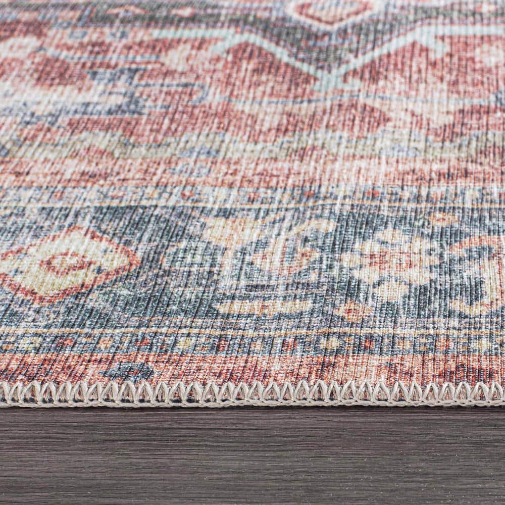 Vintage Red and Blue Medallion Washable Synthetic Area Rug