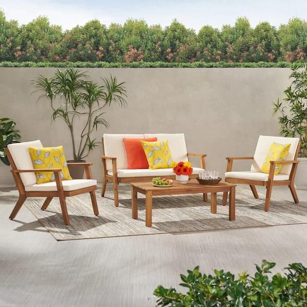 Brown Patina 4-Piece Acacia Wood Outdoor Loveseat with Coffee Table and Club Chairs and Cream Cushion