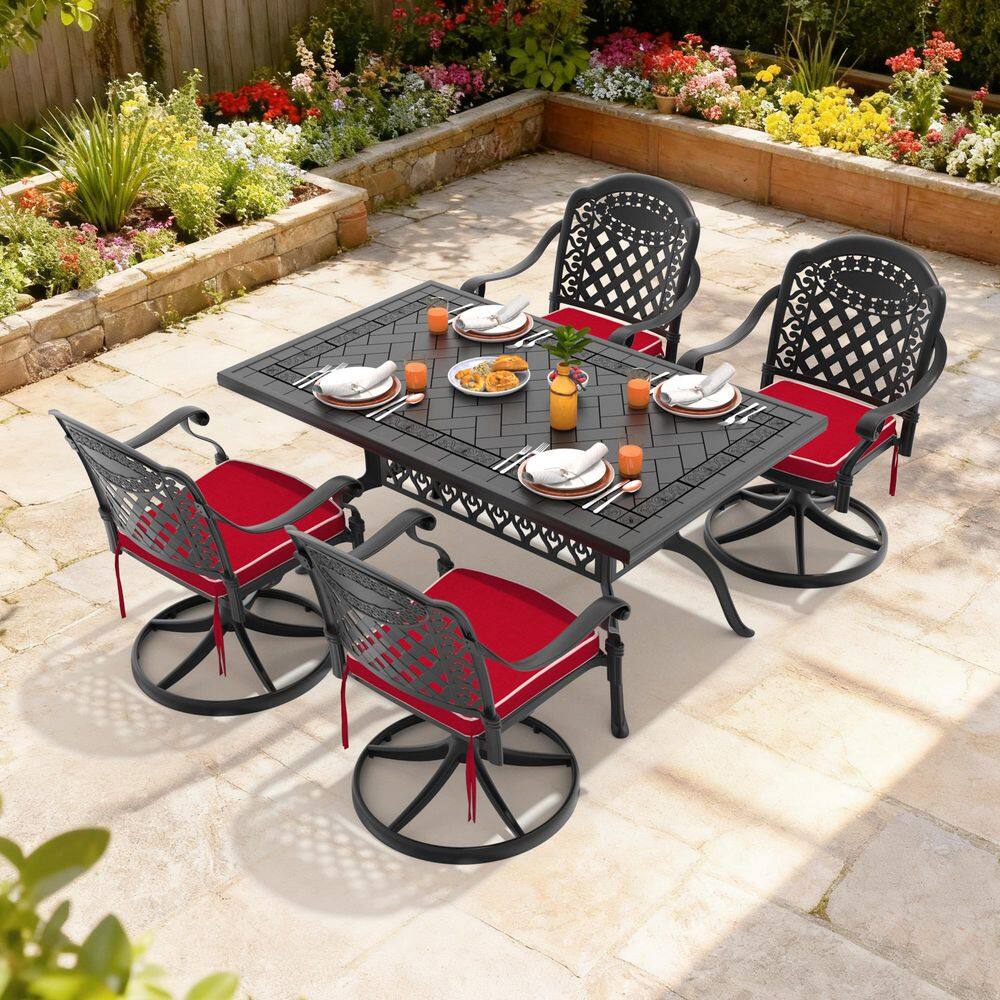 Black 5-Piece Cast Aluminum Outdoor Dining Set with 4 Swivel Rockers with Red Cushion and Rectangular Table price history on PriceWatchPro