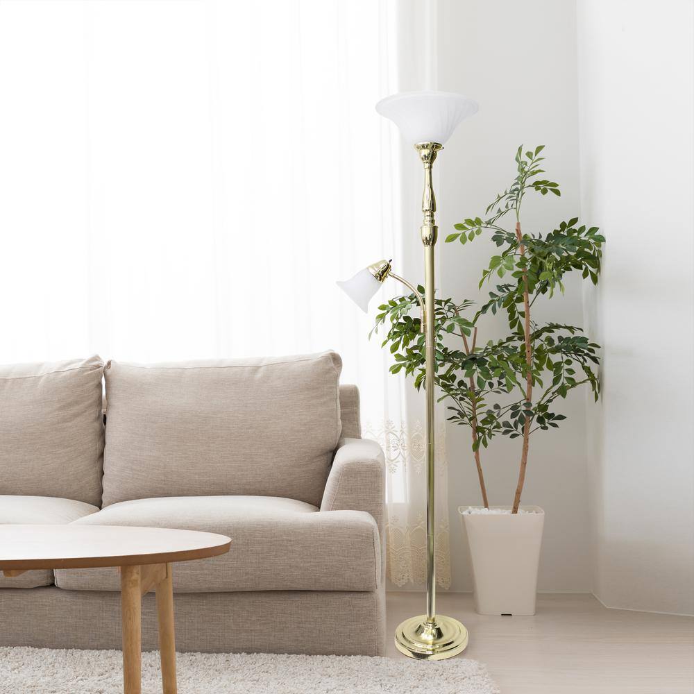 Gold Adjustable Torchiere Floor Lamp with Marble Glass Shades