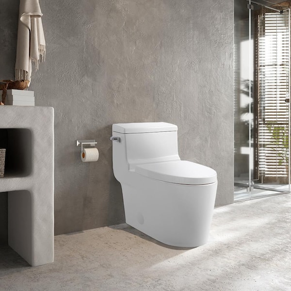 1-Piece Modern 1.28 GPF Dual Flush Siphon Elongated ADA Chair Height Toilet Soft Closing Seat in Crisp White