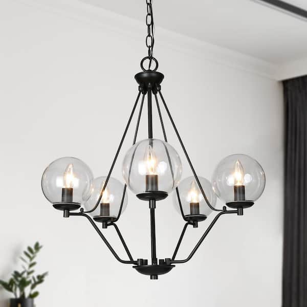 LNC Modern Black Chandelier Candlestick Island 5-Light Globe Clear Glass Shades High Ceiling Light