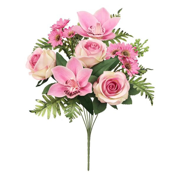 16 in. Pink Artificial Mixed Rose Cymbidium Orchid Daisy Flower Stem Bush Bouquet (Set of 2)