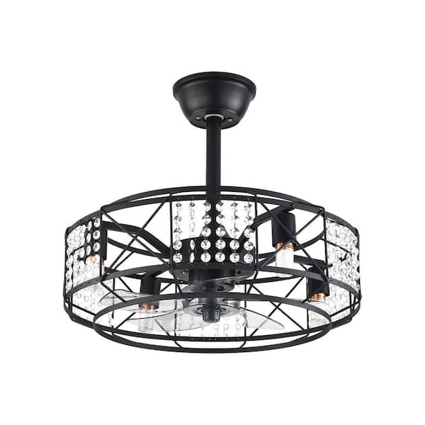 OUKANING 20 in. Indoor Black Crystal Decor Caged Ceiling Fan with Light Kit and Remote Control