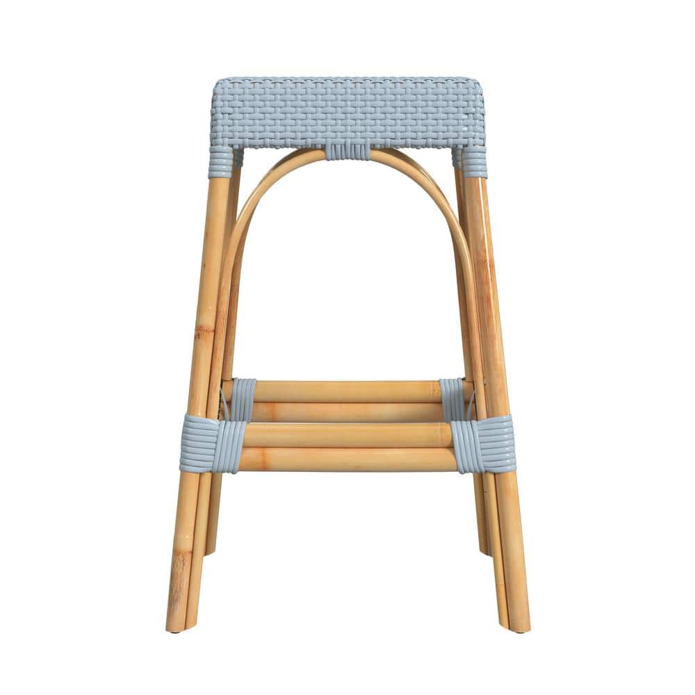 Baby Blue Rattan Backless Bar Stool with Natural Wood Frame
