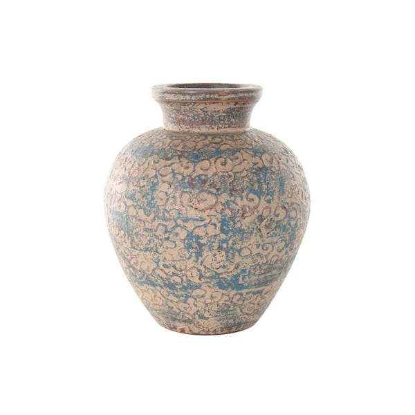 Litton Lane Antique Style Wide Rounded Ceramic Scroll Decorative Vase with Blue and Copper Accents, Beige