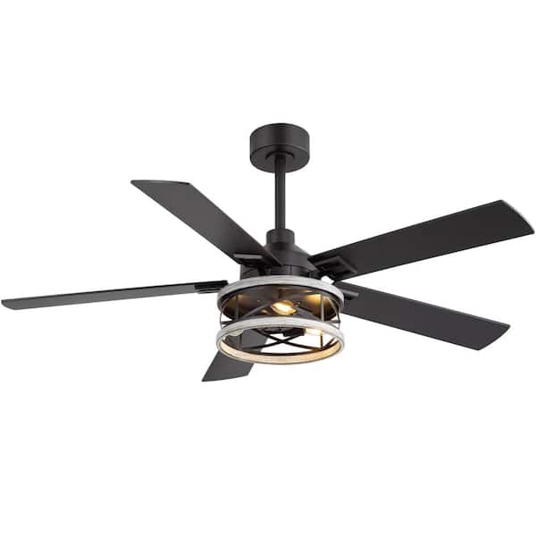 52 in. Indoor Black Farmhouse Dual Finish 6-Speed Downrod Modern Ceiling Fan with Light Kit and Remote Control